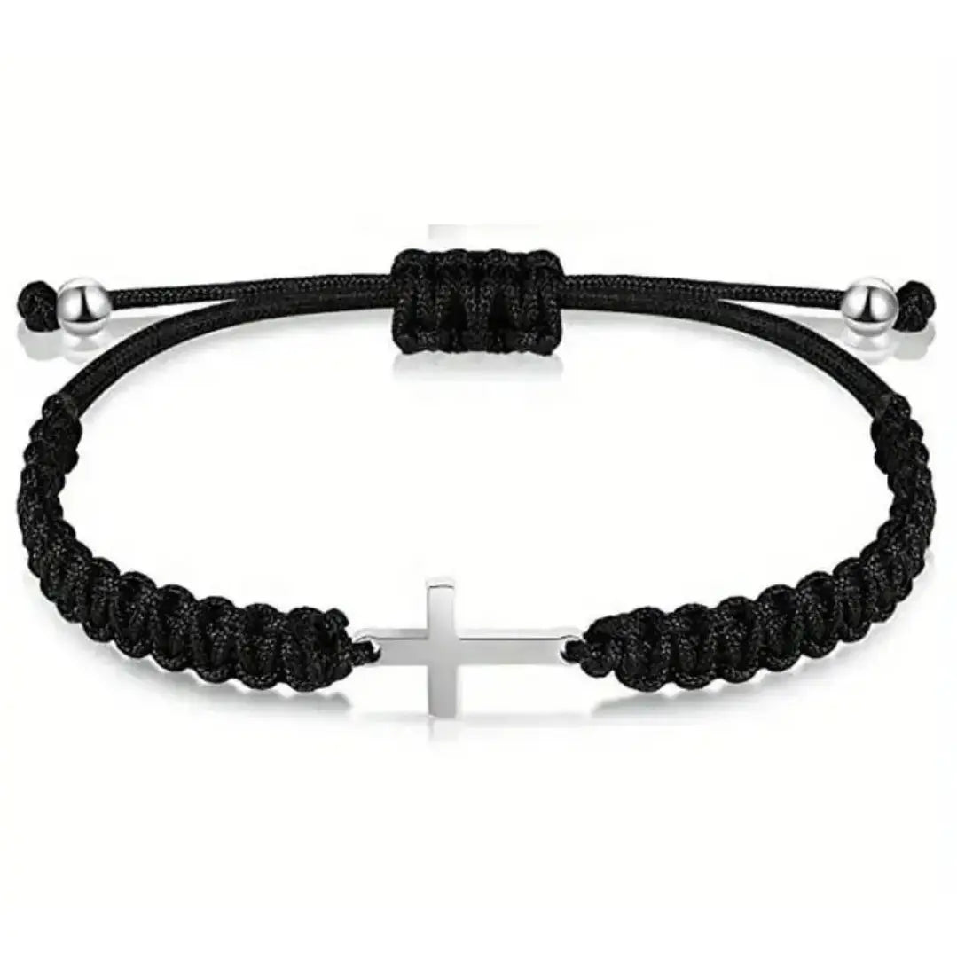 Stainless Steel Cross Bracelet with Woven Rope – Adjustable