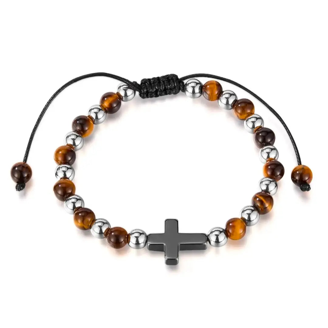 Adjustable Stainless Steel Bracelet with Hematite Cross and Tiger ๐
Eye Beads