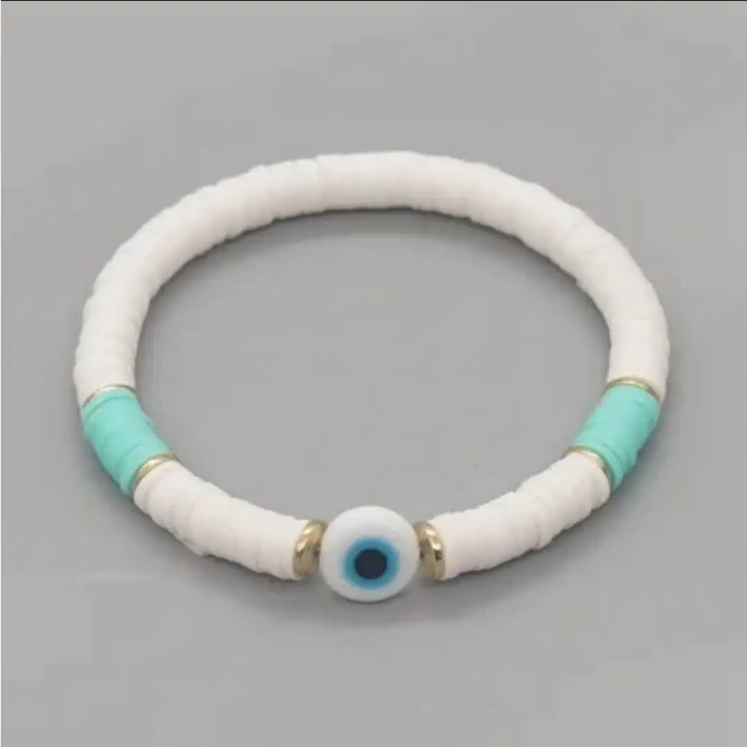Heishi Clay Bead Bracelet with Evil Eye 🧿 Charm
