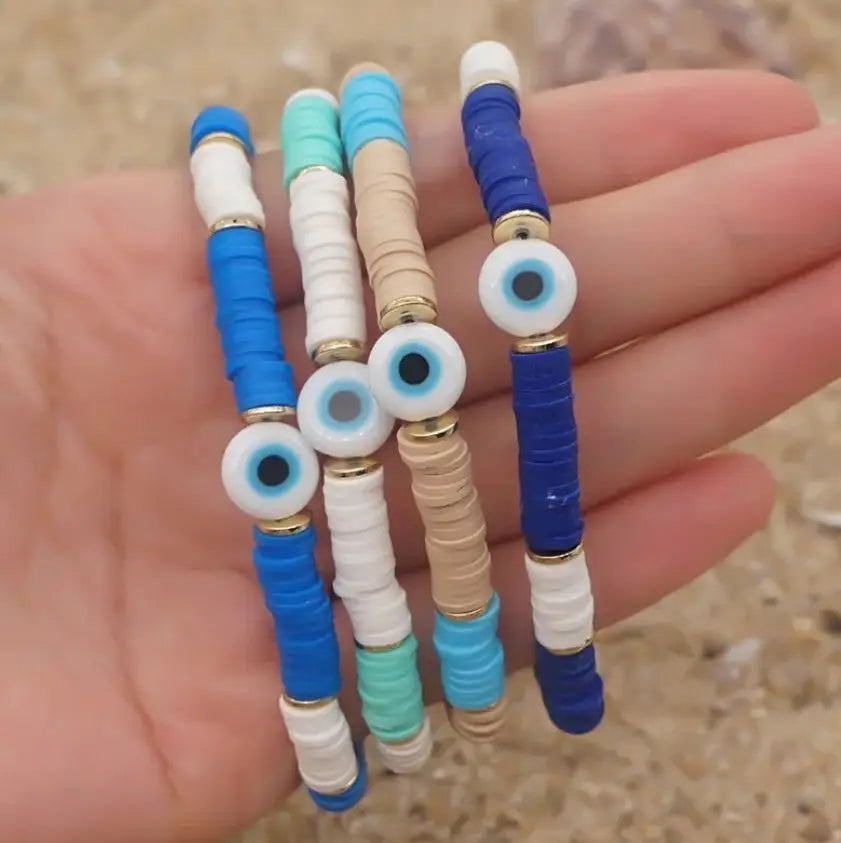 Heishi Clay Bead Bracelet with Evil Eye 🧿 Charm