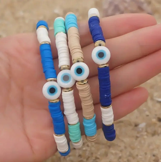 Heishi Clay Bead Bracelet with Evil Eye 🧿 Charm