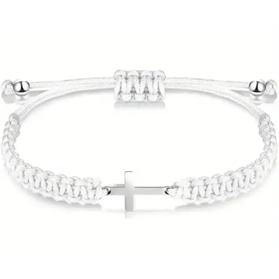 Stainless Steel Cross Bracelet with Woven Rope – Adjustable