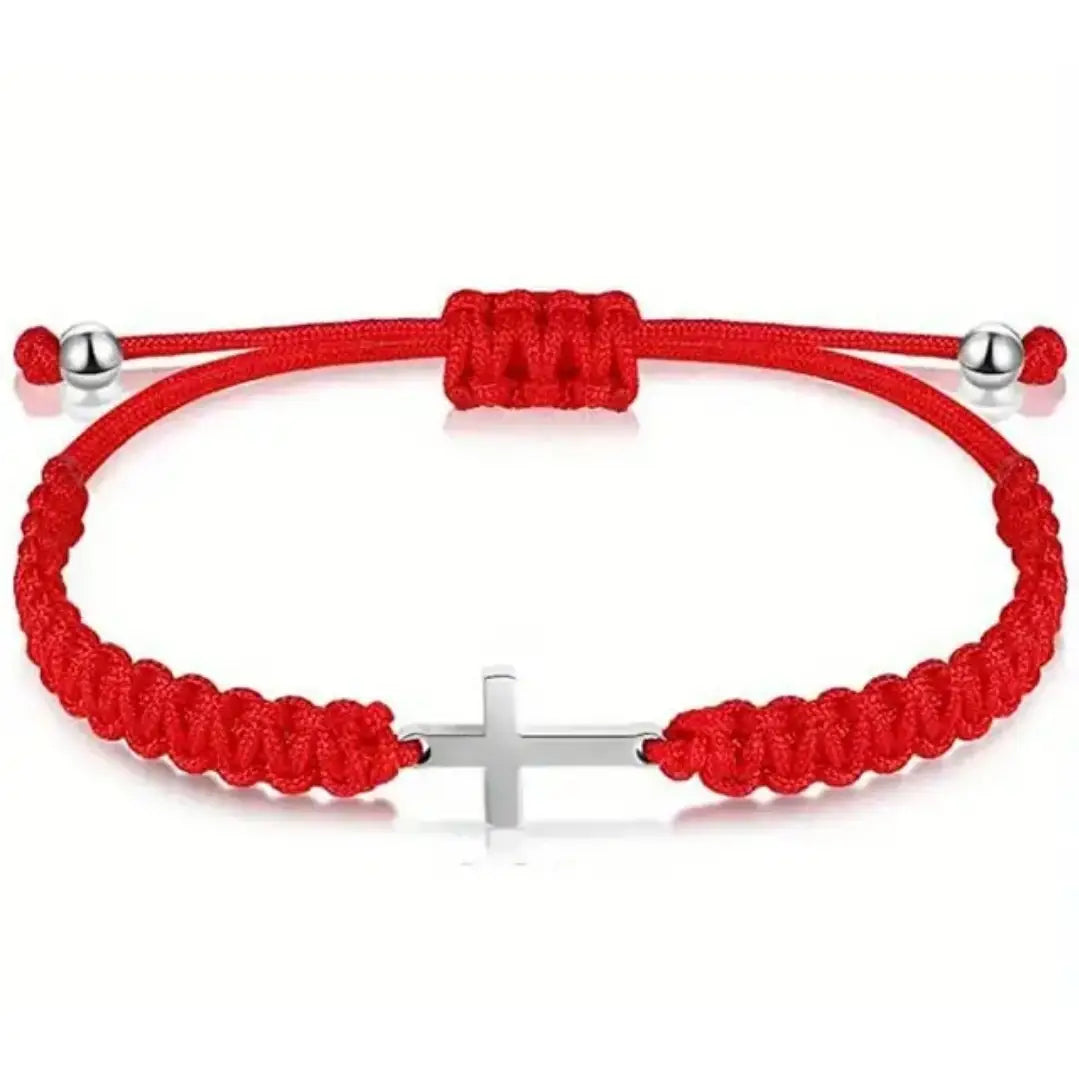 Stainless Steel Cross Bracelet with Woven Rope – Adjustable