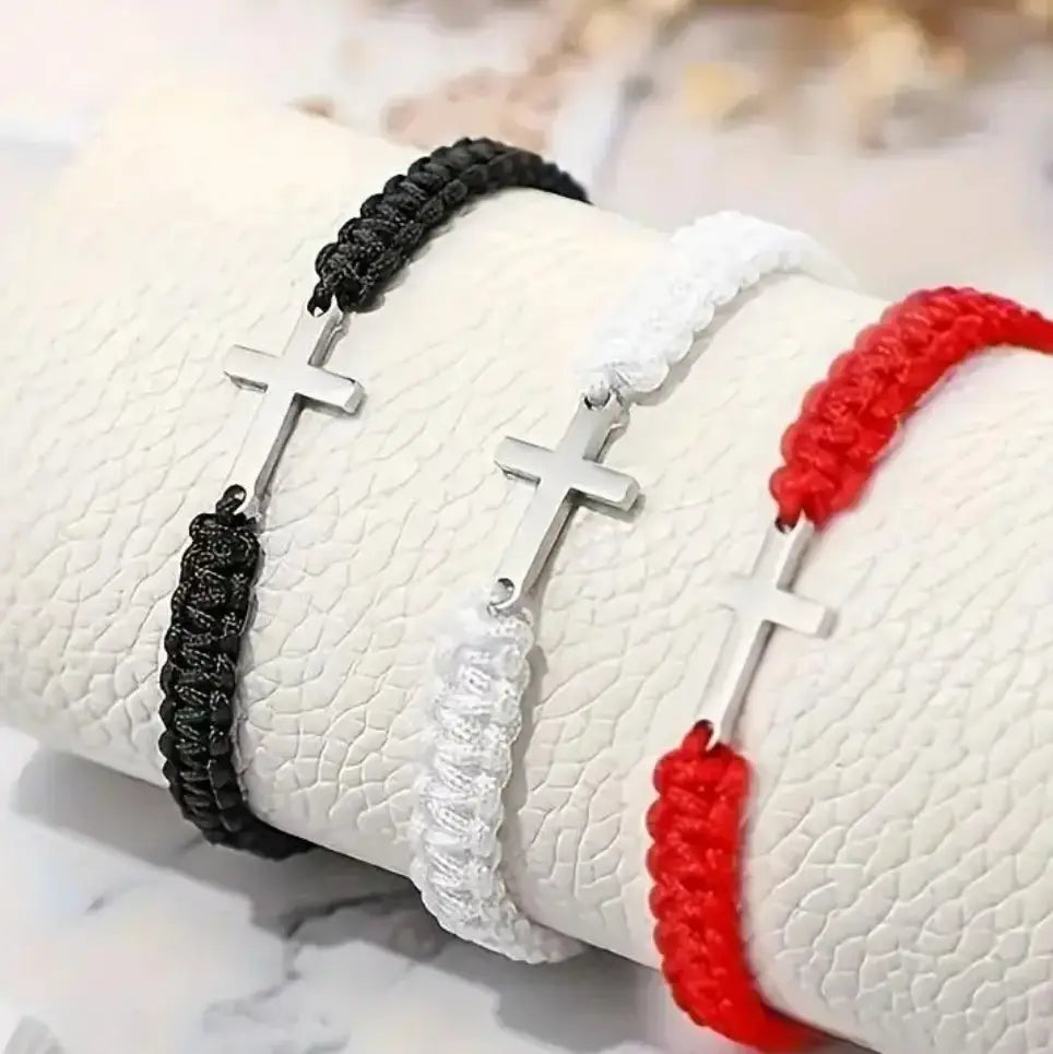 Stainless Steel Cross Bracelet with Woven Rope – Adjustable