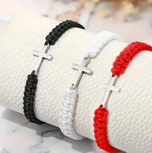 Stainless Steel Cross Bracelet with Woven Rope – Adjustable