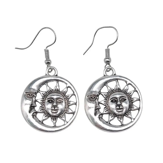 Antique Silver Sun ☀️ and Moon 🌙 Earrings – 1" Pendant