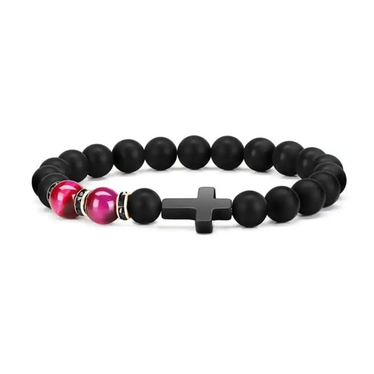 Tiger Eye & Black Agate Cross Bracelet – Unisex, Elastic Fit