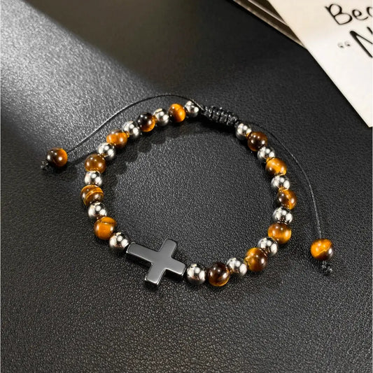 Adjustable Stainless Steel Bracelet with Hematite Cross and Tiger 🐅 Eye Beads