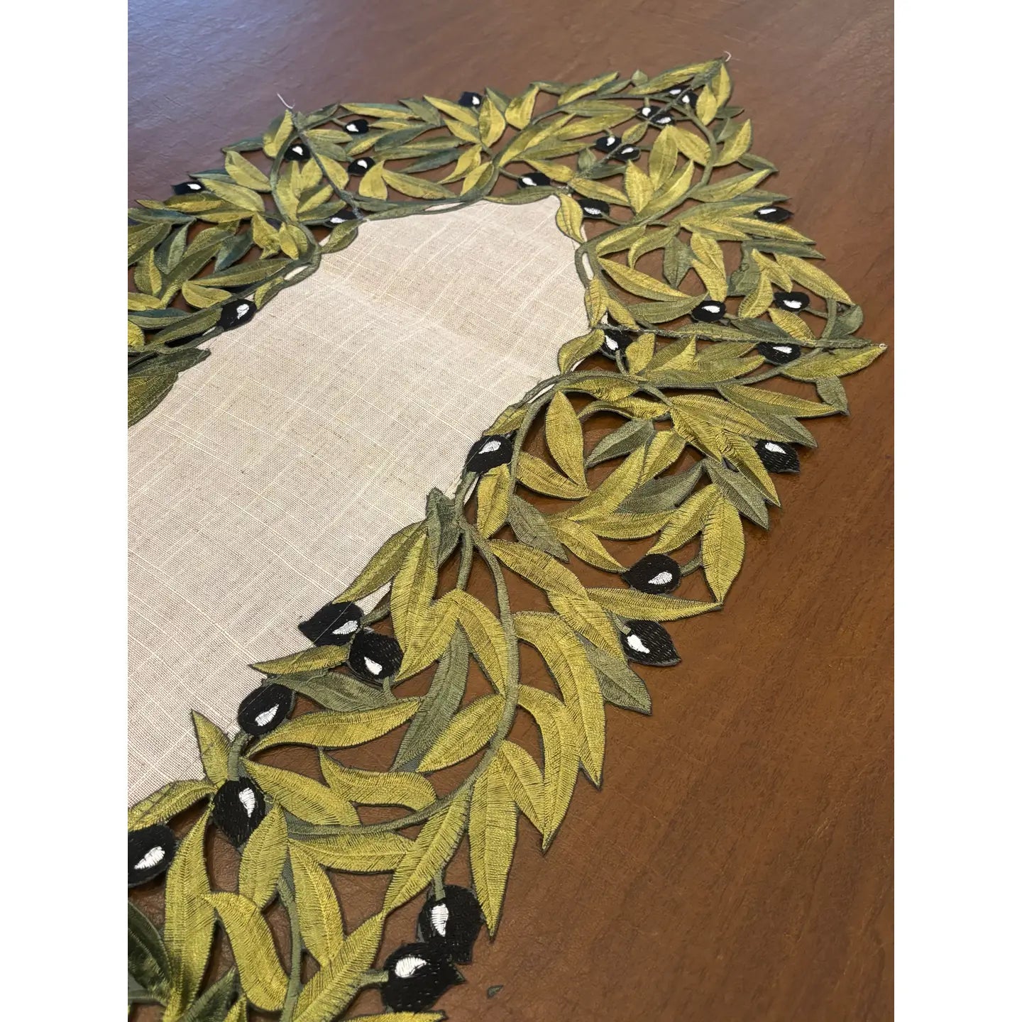 Laser Cut Leaves and Olives Border Table Runner
