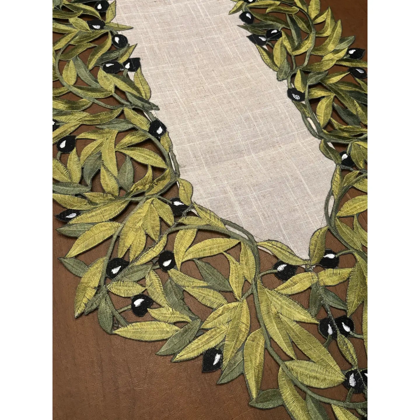 Laser Cut Leaves and Olives Border Table Runner